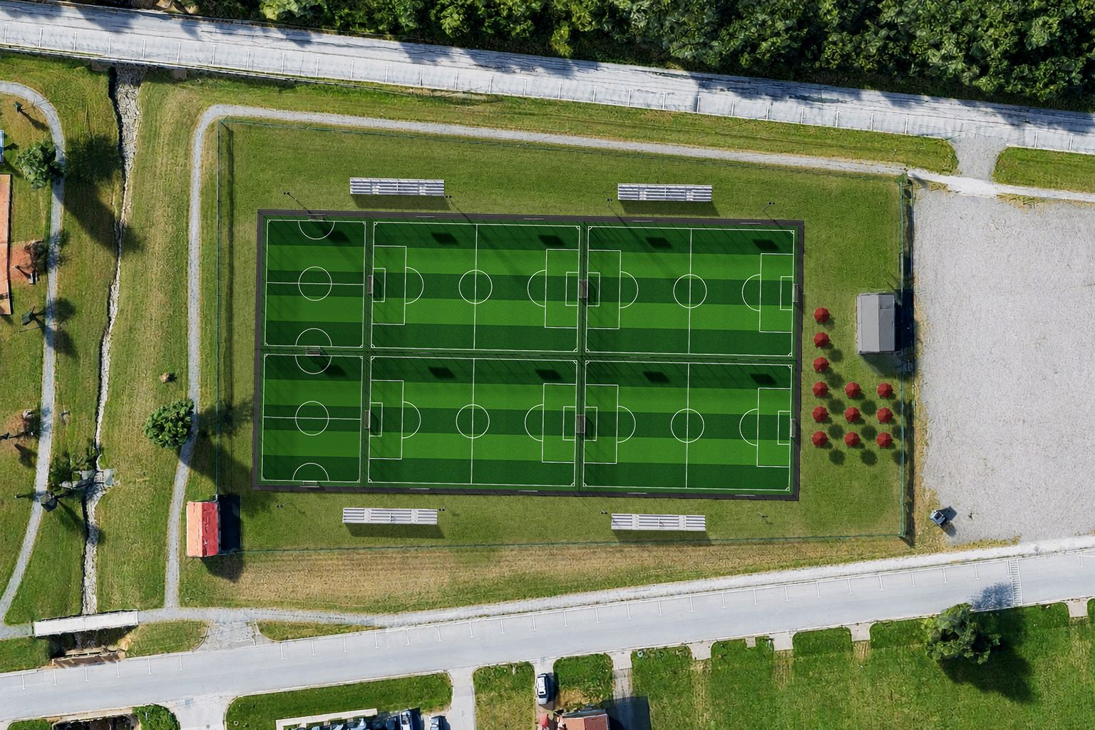 Ariel overview AI rendering of future soccer fields for rent in Fort Worth, TX